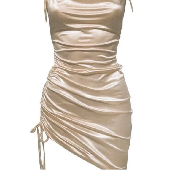 Hot! Designer Leau Ruched adjustable length Mini Midi Satin Party Cocktail Dress - Picture 3 of 5